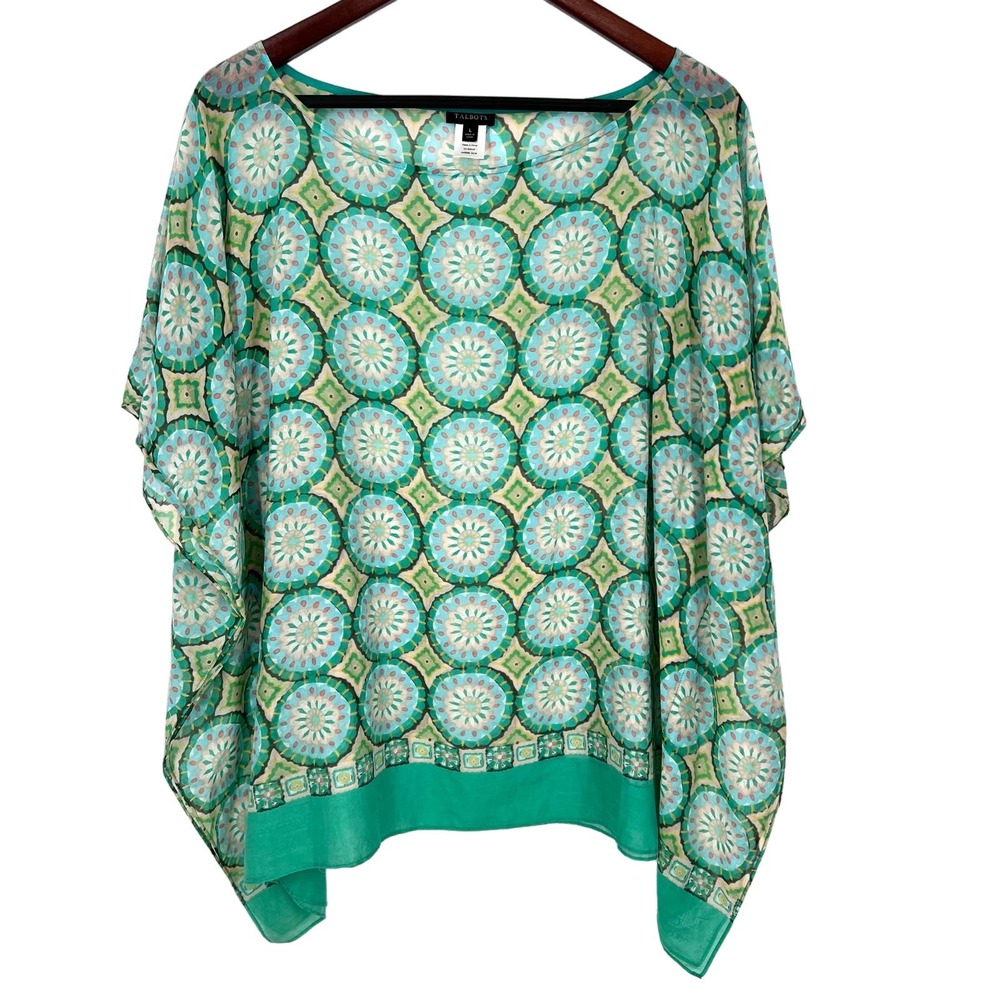 Talbots Sz Large SILK BLEND Green Sheer Kimono Tropical Blouse Shirt Top Beach